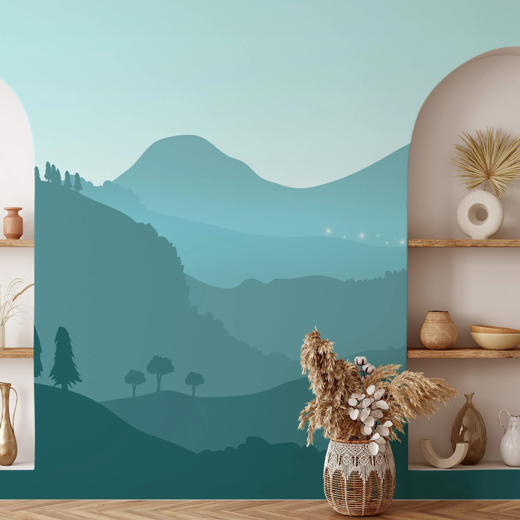 Contemporary Teal Colored Abstract Mountains Illustration Wallpaper for a Chic and Modern Home Ambiance