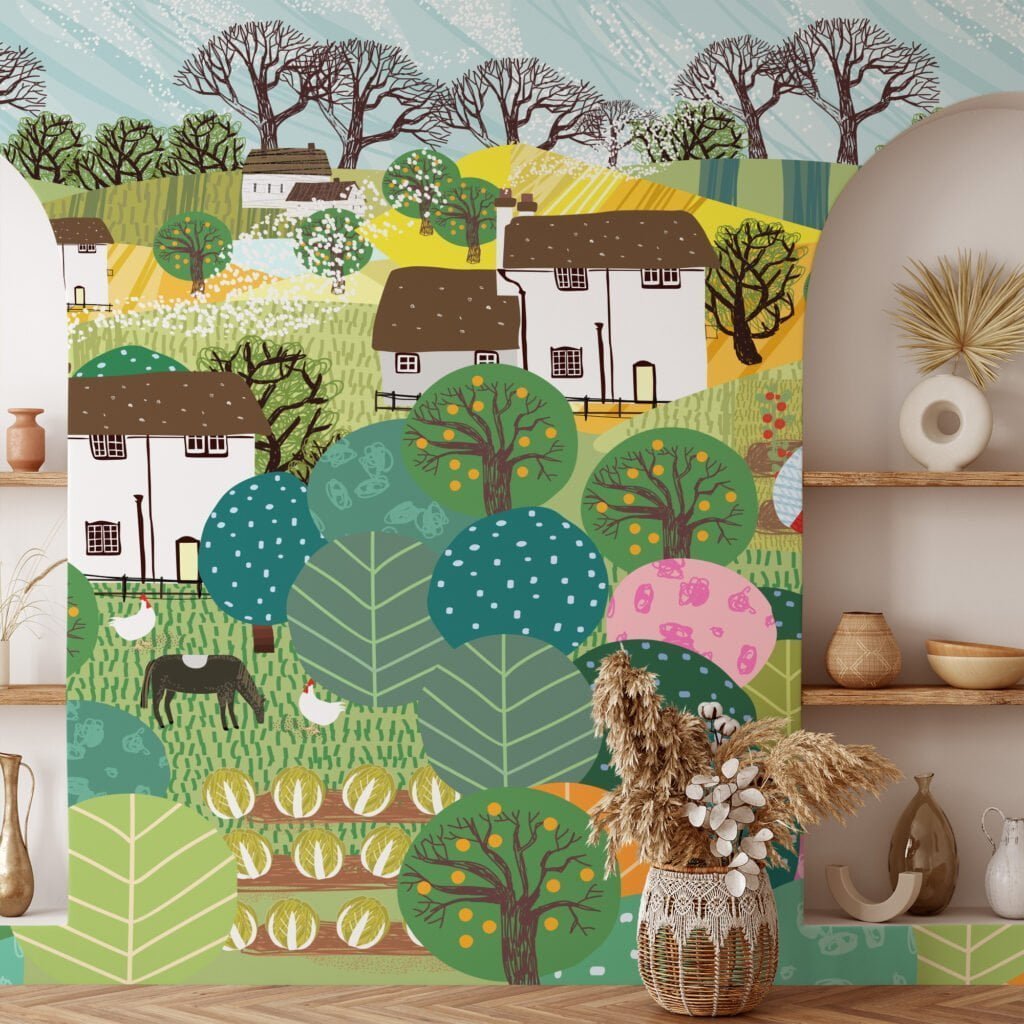 Vibrant Colorful Farm Illustration with Animals and Farmers Wallpaper for a Playful and Cheerful Home Decor