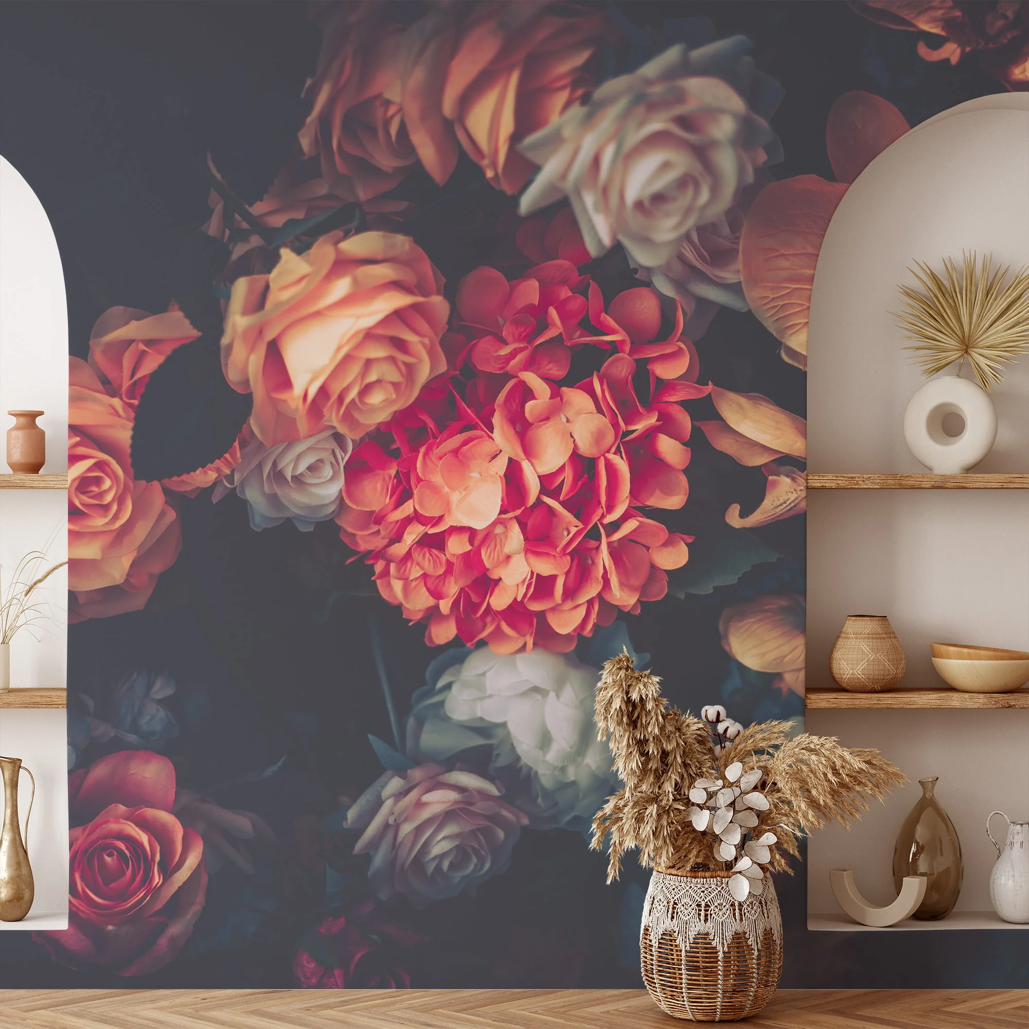 Flower Bouquet with Dark Background Wallpaper, Bold and Striking Peel and Stick Wall Mural, Self Adhesive Removable Wallpaper for a Sophisticated Statement Wall