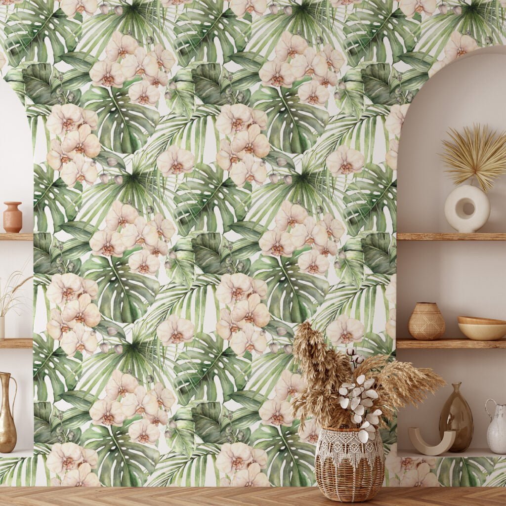 Tropical Paradise Palm Leaves and Orchids Painting Wallpaper, Peel and Stick Self Adhesive Removable Wall Mural, Perfect for a Relaxing Oasis