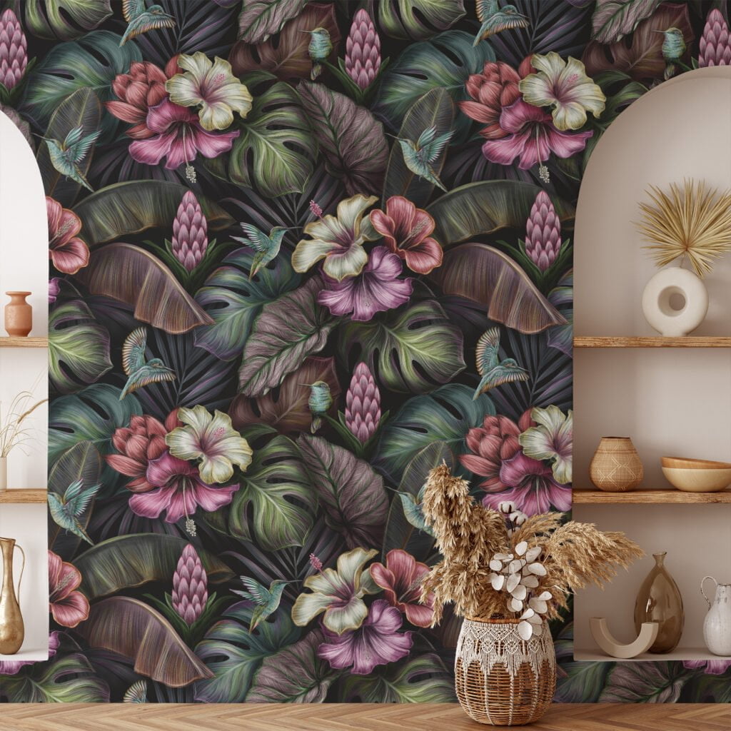 Vintage Botanical Flowers and Mockingbirds Wallpaper, Peel and Stick Self Adhesive Wall Mural, Ideal for a Classic and Elegant Home Decor