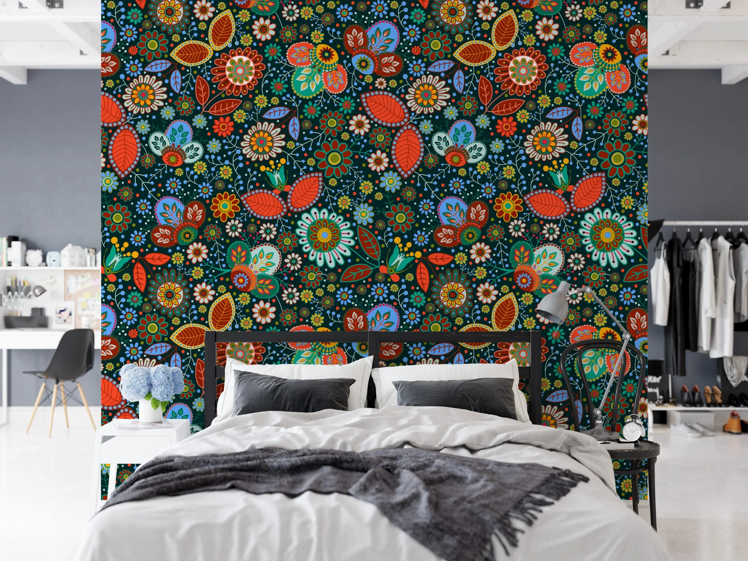 Colorful Flowers in Traditional Style Wallpaper - Floral Illustration with Multiple Colors and Textures Wall Mural