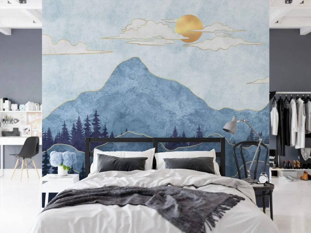 Abstract Blue Mountains with Textured Stone Wallpaper for a Modern and Chic Home Ambiance