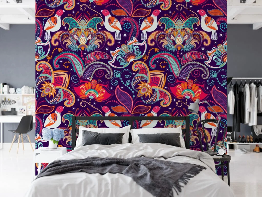 Traditional Colorful Floral Illustration with Birds Wallpaper - Oriental Style Floral Pattern with Vibrant Colors