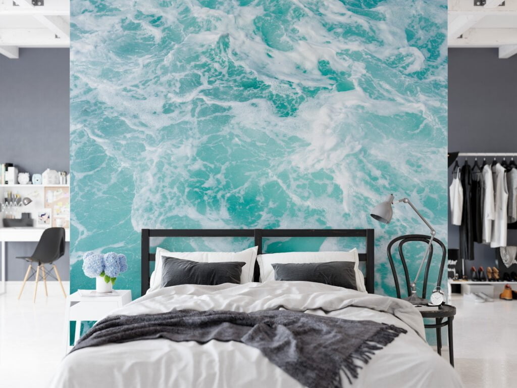 Refreshing Aqua Ocean with Sea Foam Wallpaper for a Calming and Tranquil Home Ambiance