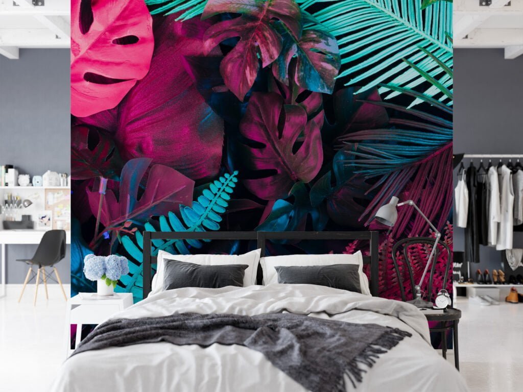 Vibrant Neon Pink and Blue Tropical Leaves - Self-Adhesive Peel and Stick Monstera Leaf Wallpaper to Brighten Any Space