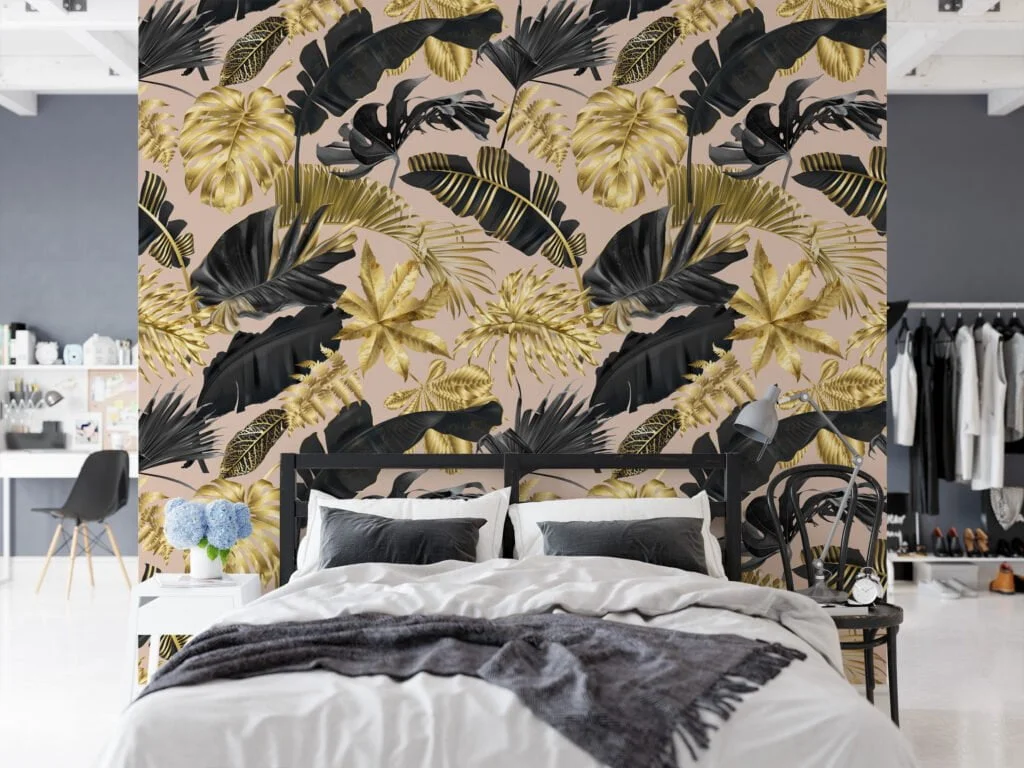 Luxurious Gold and Black Tropical Leaves on Peach Pink Background - Self-Adhesive Peel and Stick Modern Wallpaper for a Touch of Elegance