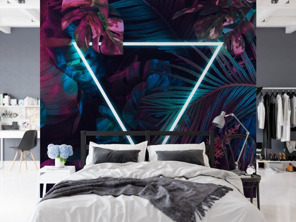 Vibrant Neon Pink and Blue Tropical Leaves with a Centered Triangle Light - Self-Adhesive Peel and Stick Geometric Wallpaper with Botanical Flair