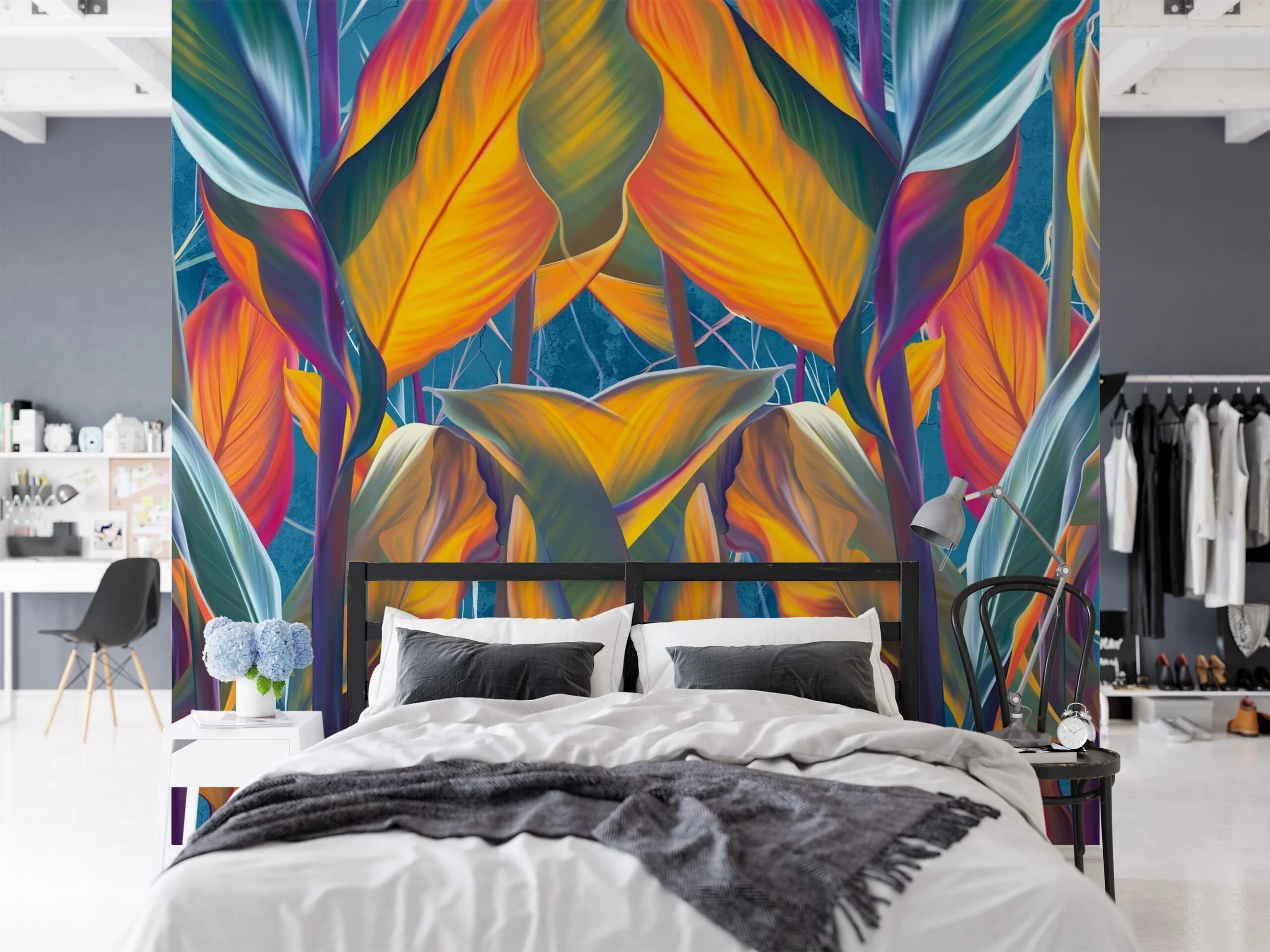 Bring a Splash of Color to Your Space with Colorful Large Sunset Leaves on Blue Background - Self-Adhesive Peel and Stick Exotic Mixed Colored Leaf Wallpaper for a Tropical Escape