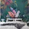 Tropical Paradise: Dark Green Leaf Wallpaper with Colorful Leaves and Self-Adhesive Design
