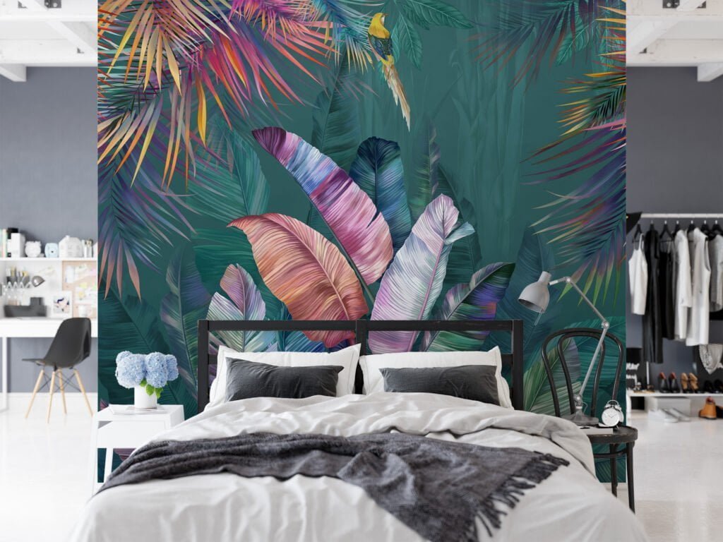 Tropical Paradise: Dark Green Leaf Wallpaper with Colorful Leaves and Self-Adhesive Design