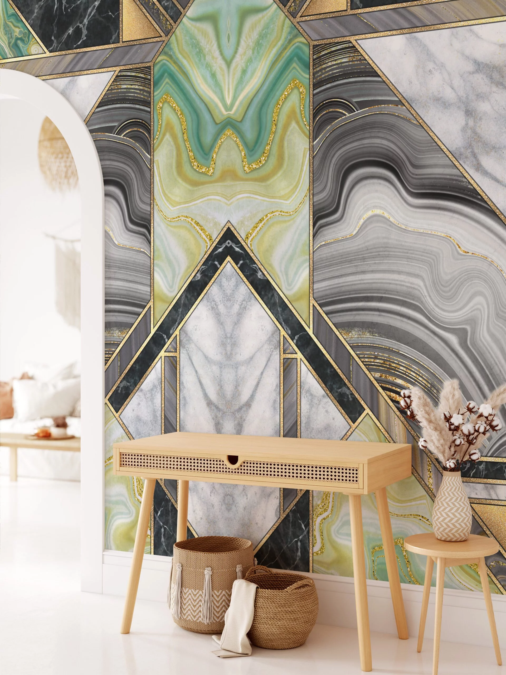 Contemporary Green and Gold Marble Mural Wallpaper - Easy to Install and Suitable for Any Room in Your Home or Office.