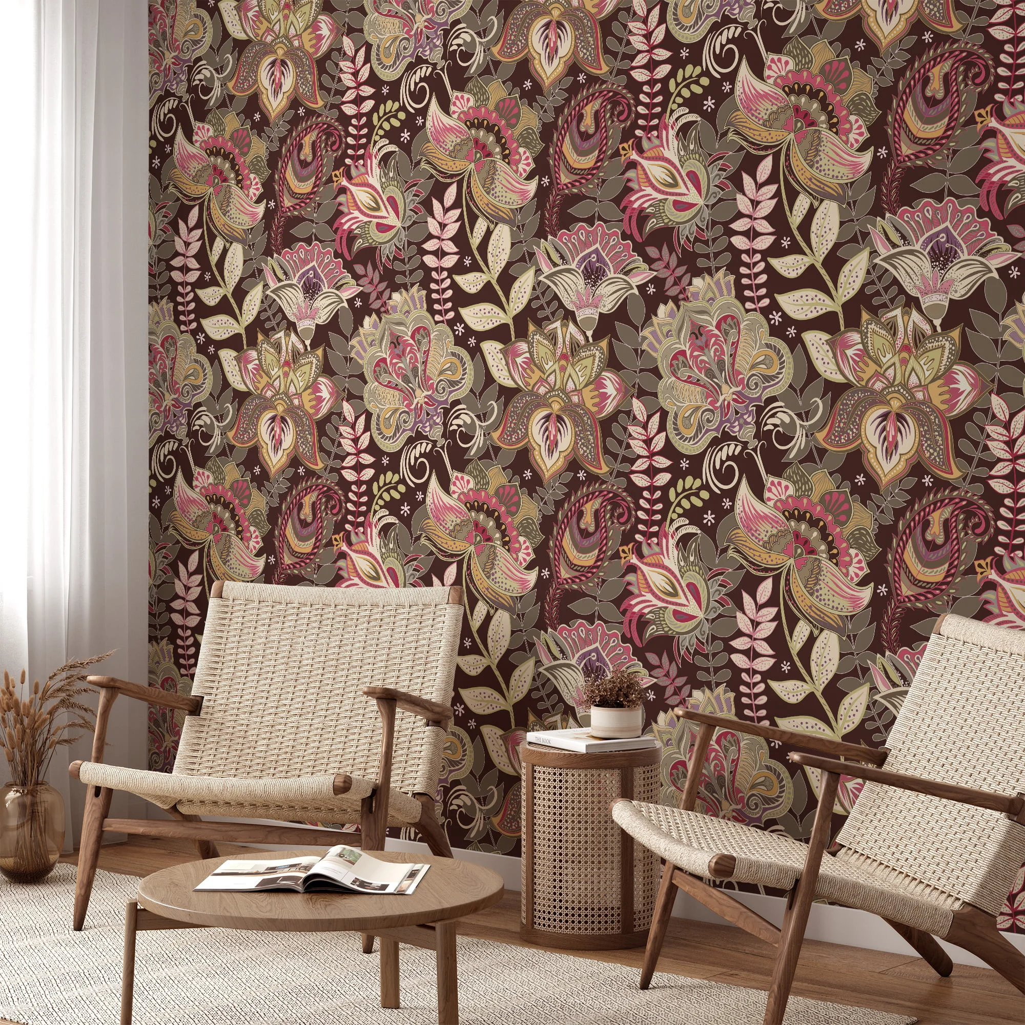 Oriental Vintage Style Floral Illustration Wallpaper - Antique Style Oriental Floral Pattern with Soft Colors and Delicate Details