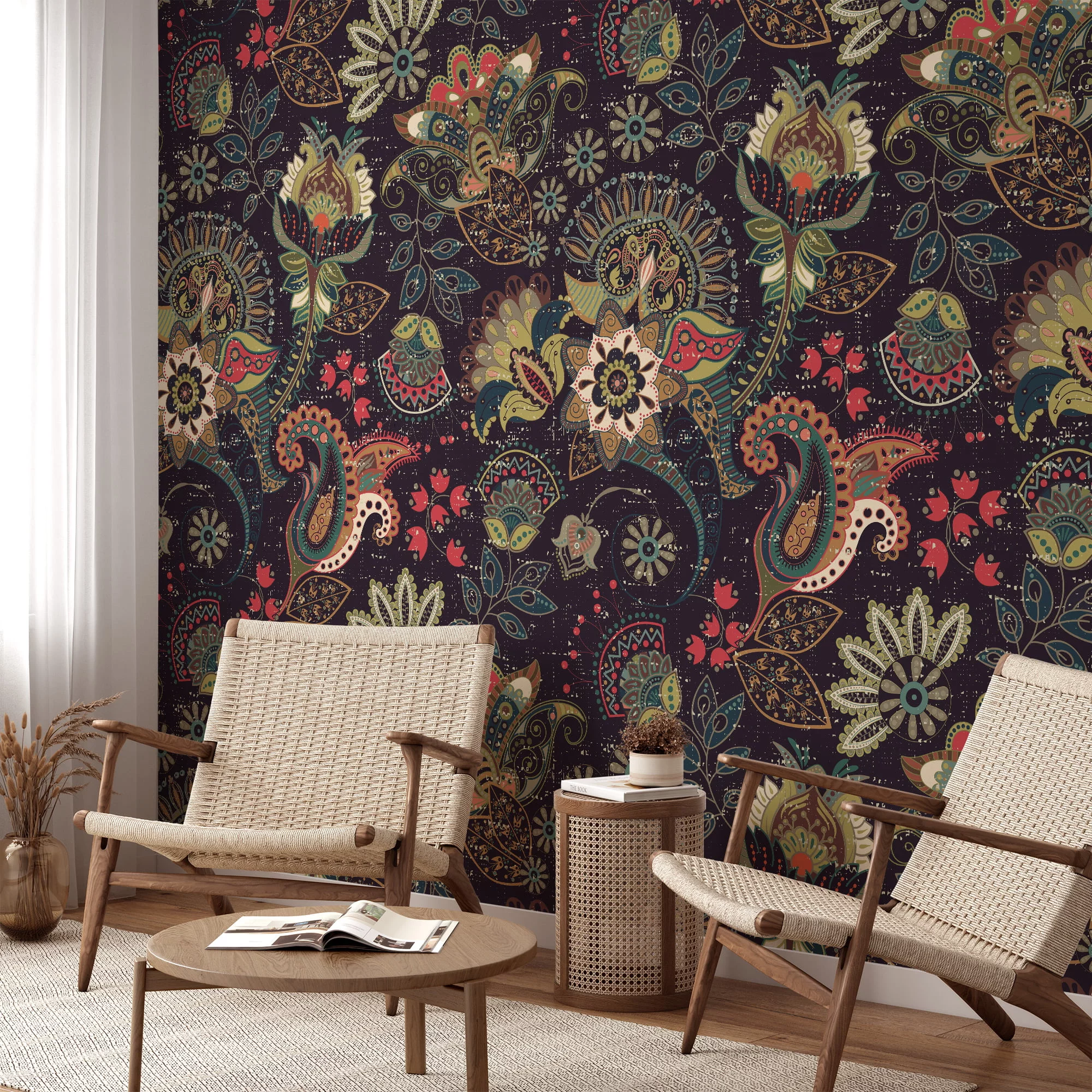 Bring a Unique and Exotic Flair to Your Home with this Abstract Oriental Floral Illustration Wallpaper