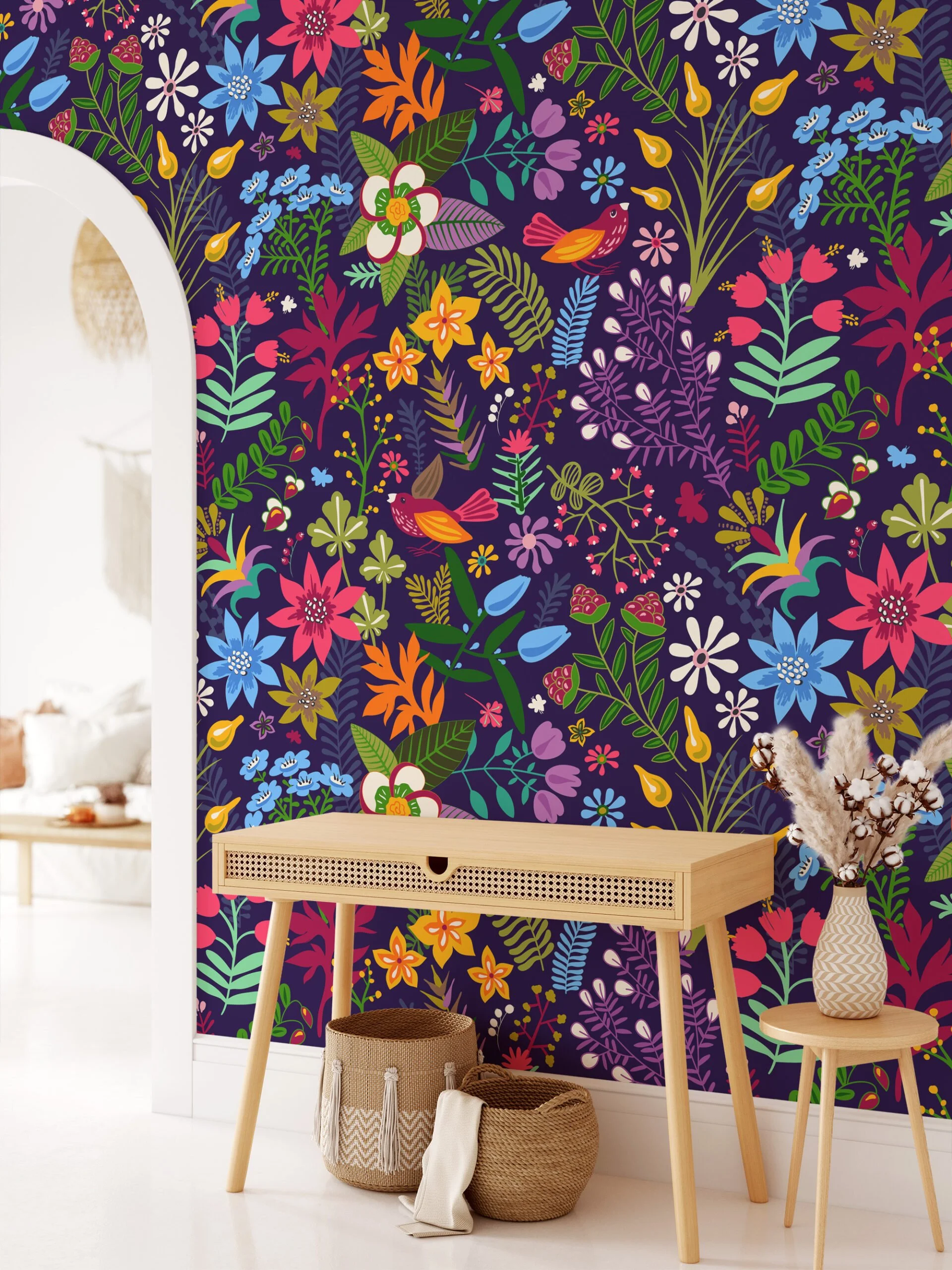 Modern Wallpaper with Colorful Flower Design Illustration - Durable, Self-Adhesive, and Removable