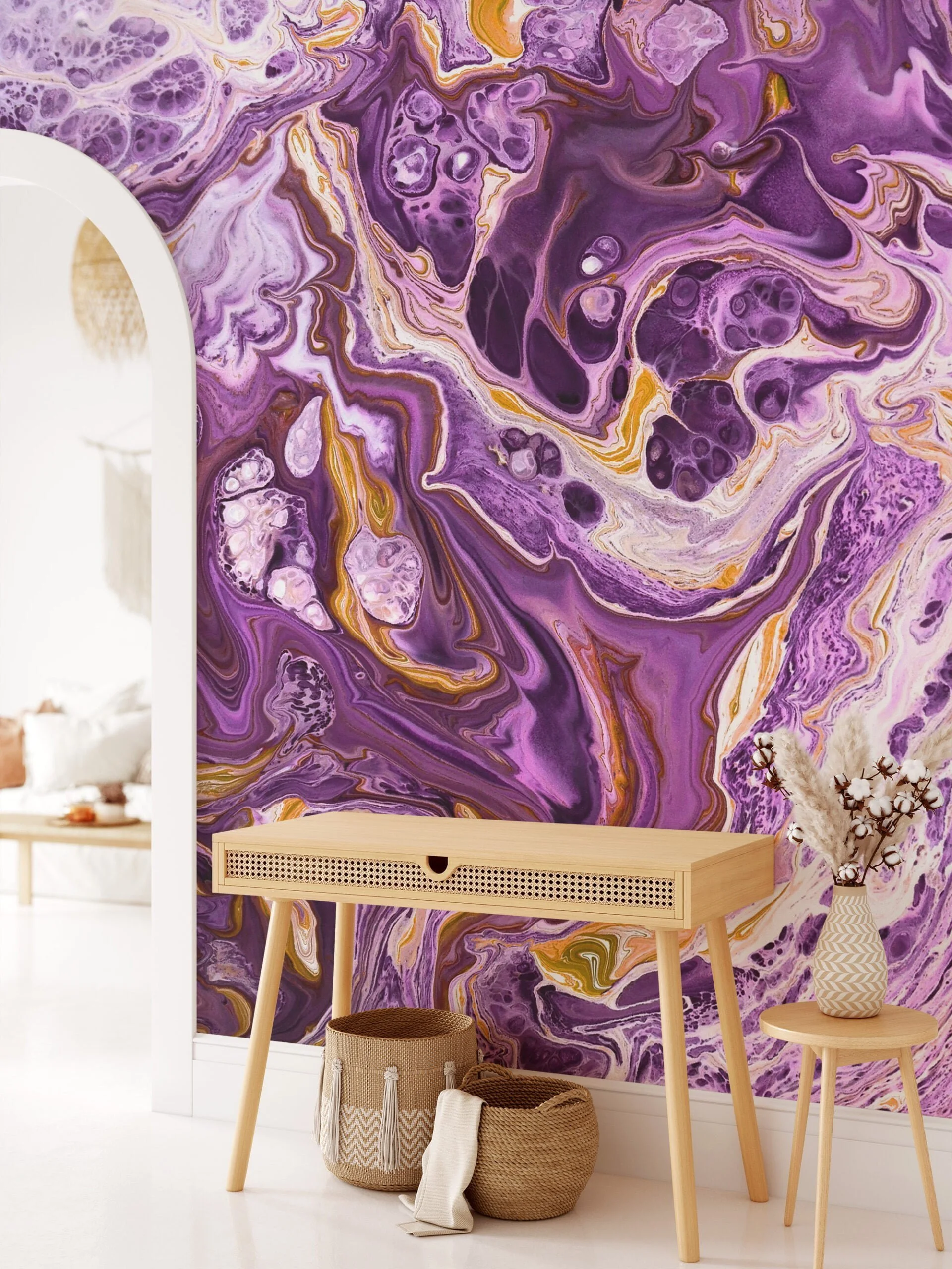 Purple and Gold Marble Wallpaper - Elegant Ink Splash Wall Covering for Stylish Room