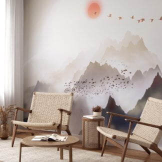 Tranquil Nature Wallpaper with Misty Mountains and Soaring Birds for a Peaceful and Serene Home Ambiance