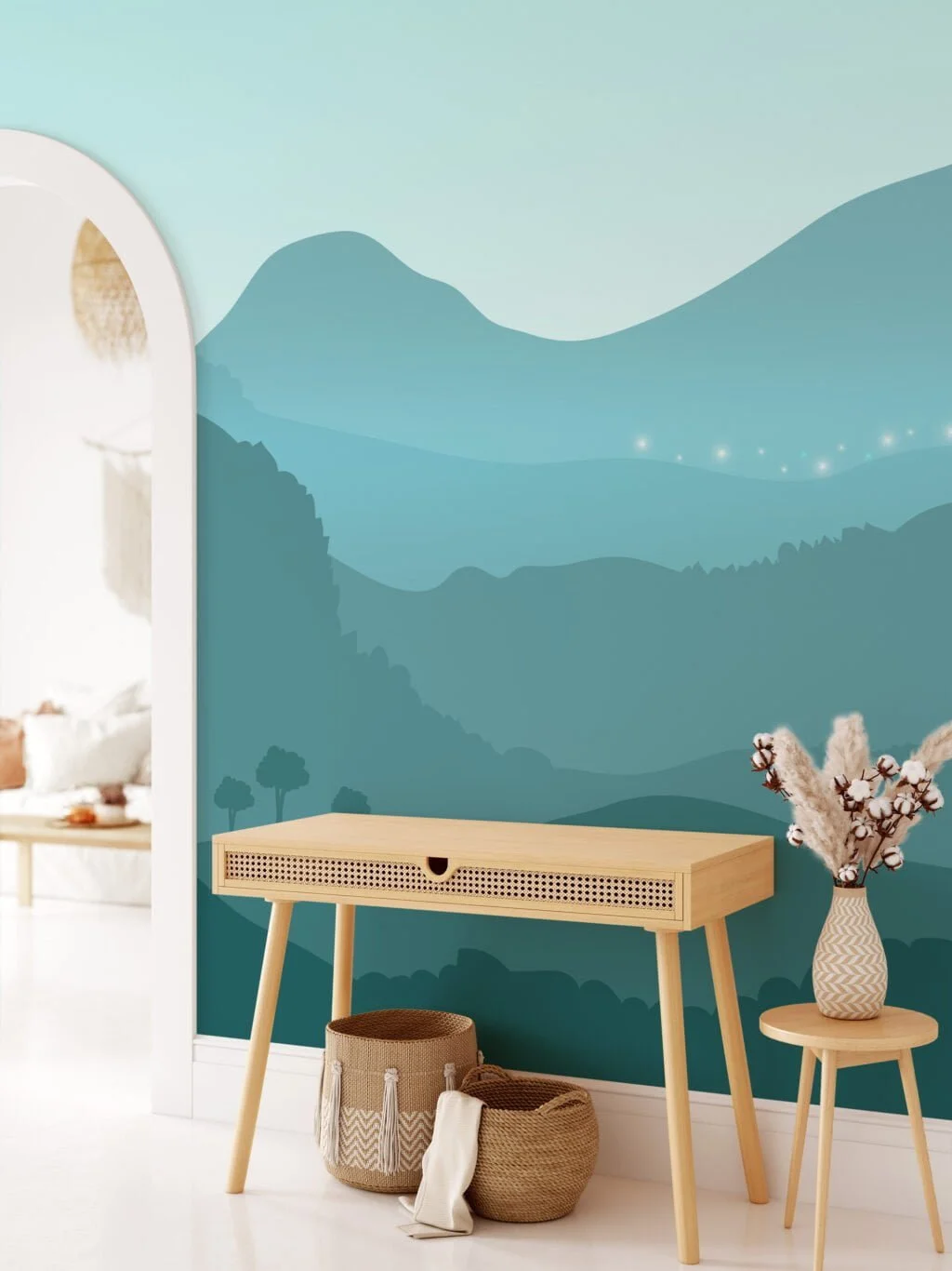 Contemporary Teal Colored Abstract Mountains Illustration Wallpaper for a Chic and Modern Home Ambiance