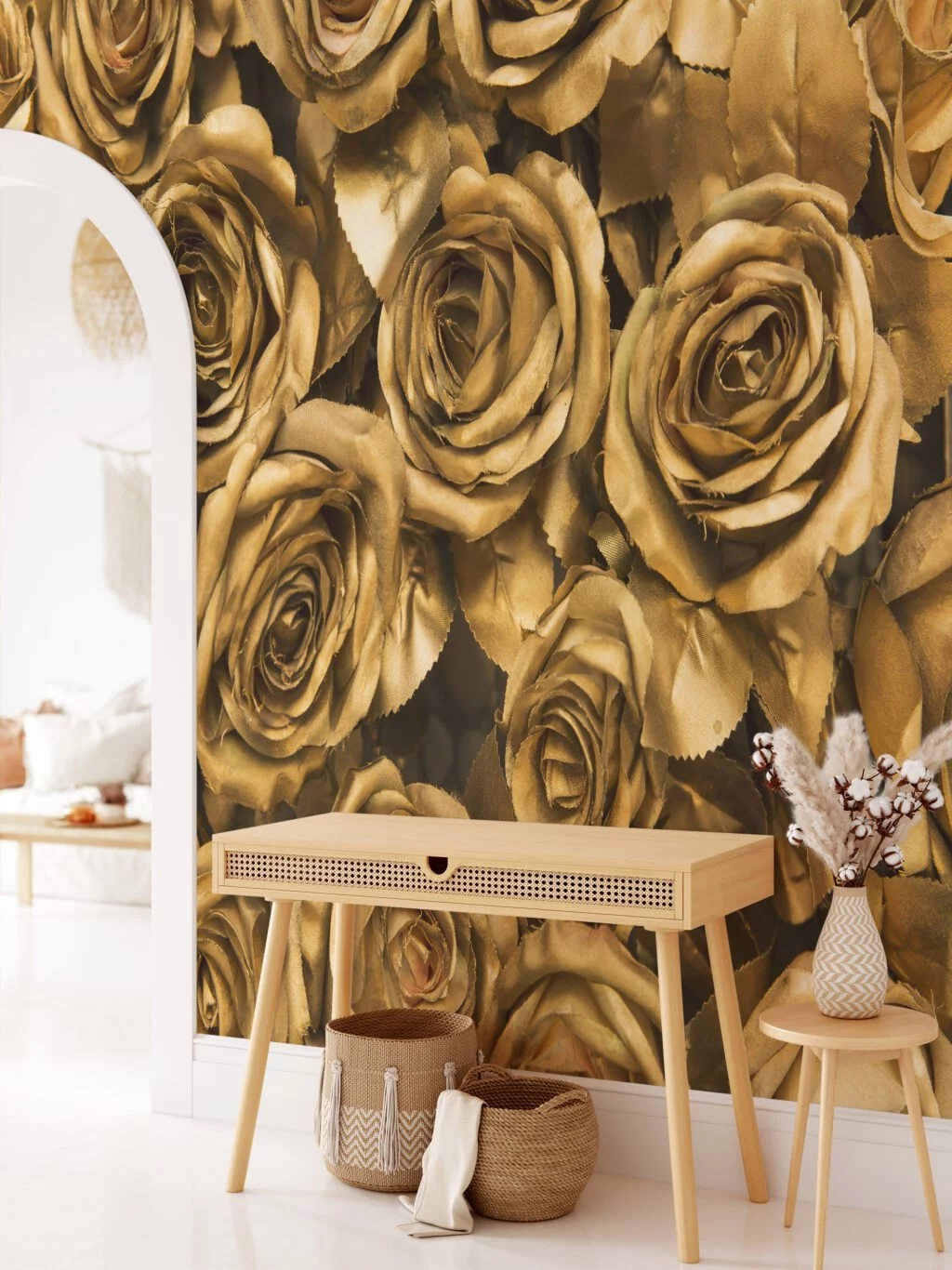 Large Golden Roses Wallpaper, Elegant and Luxurious Peel and Stick Wall Mural, Self Adhesive Removable Wallpaper for a Glamorous Accent Wall