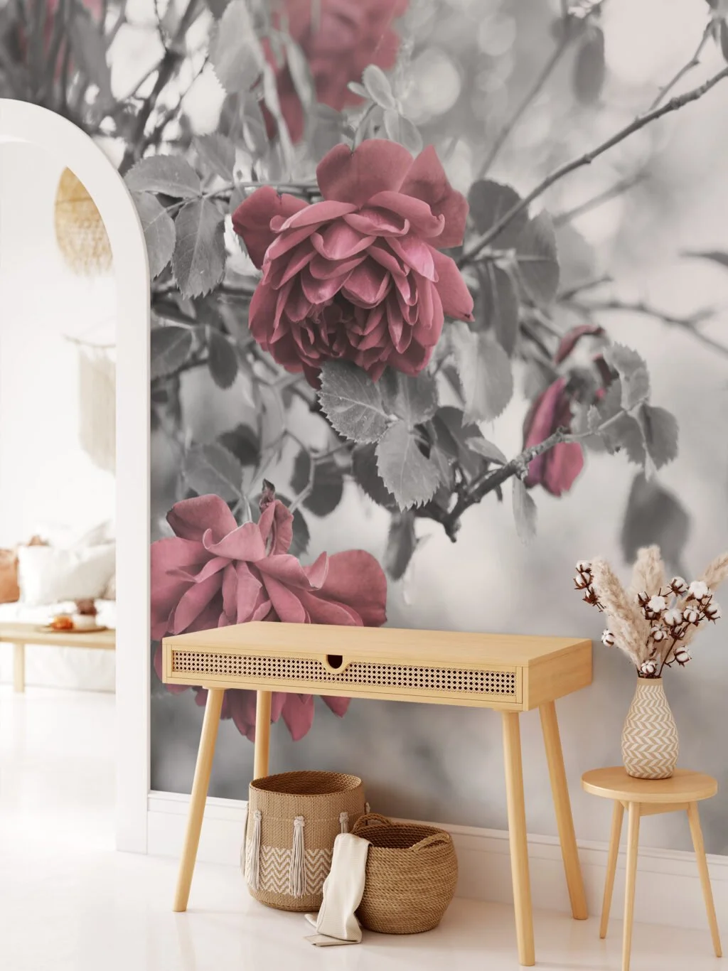 Greyscaled Red Flowers Wallpaper, Moody and Dramatic Peel and Stick Wall Mural, Self Adhesive Removable Wallpaper for a Contemporary and Edgy Look