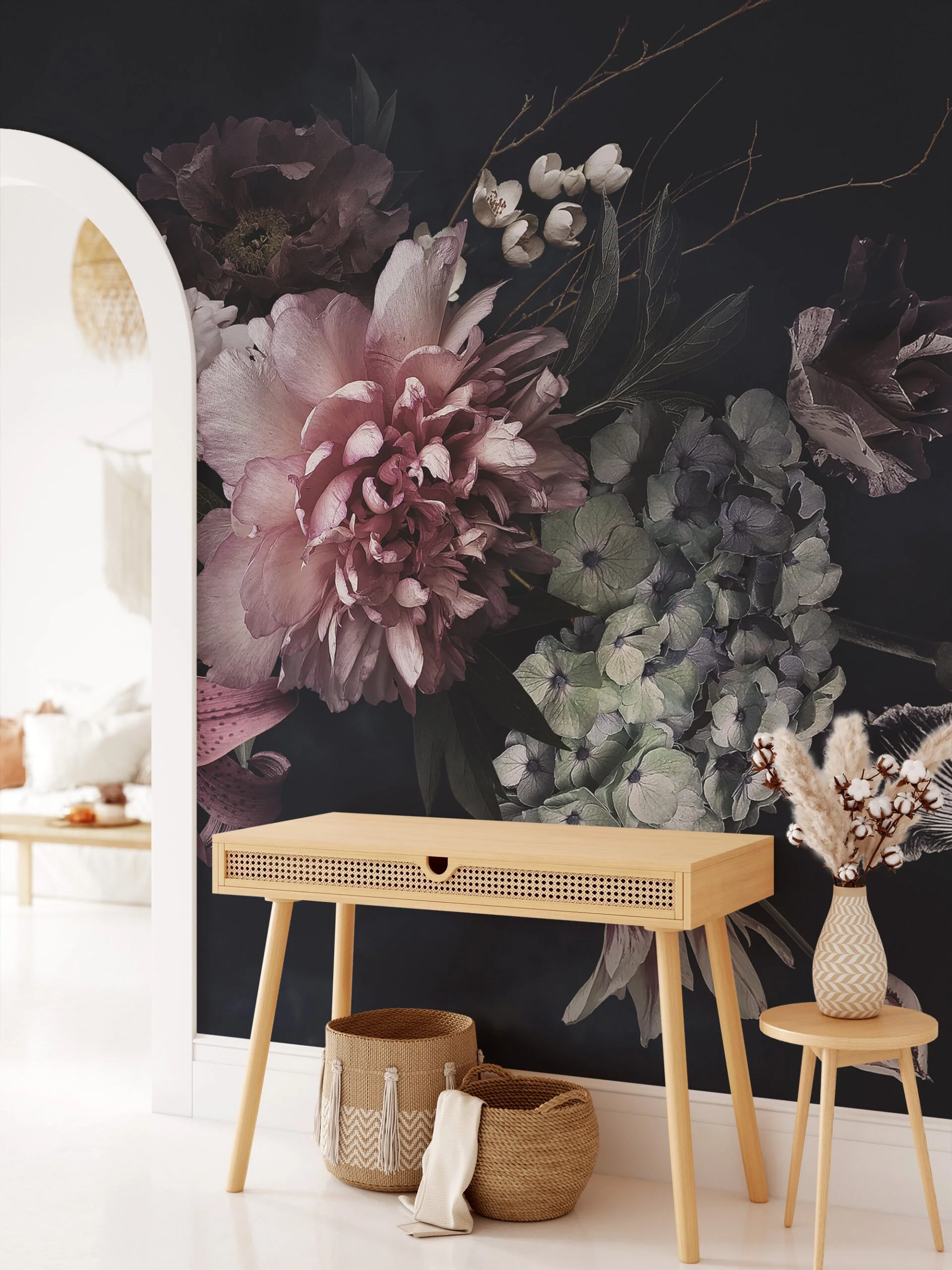 Pink Flowers With Dark Background Wallpaper, Romantic and Moody Peel and Stick Wall Mural, Self Adhesive Removable Wallpaper for a Glamorous and Luxe Bedroom