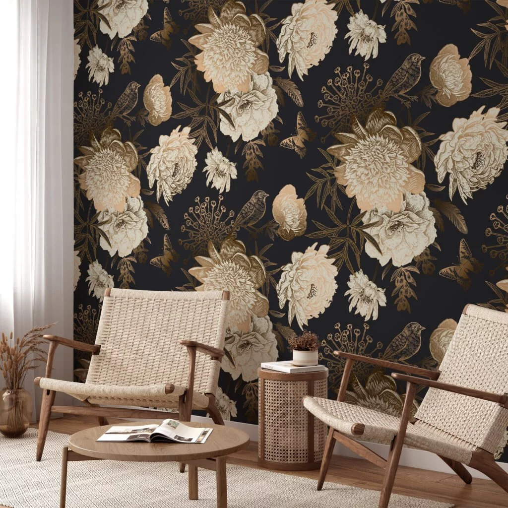 Vintage Peony Rose and Bird Illustration Wallcovering for a Classic and Elegant Look