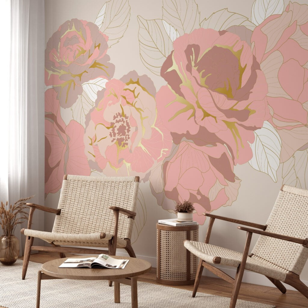 Elegant Pink Peony Roses with Golden Line Art Wallcovering for a Chic and Luxurious Decor