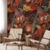Autumnal Leaves Illustration Wallpaper with Foxes for a Rustic and Cozy Home Ambiance