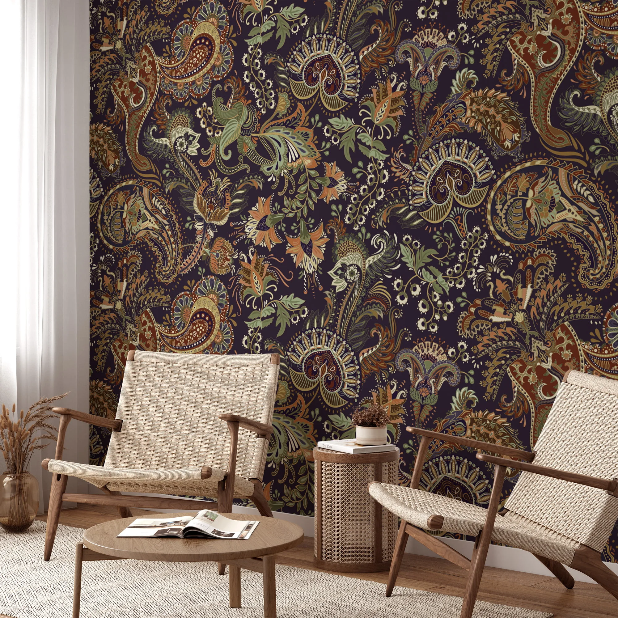 Earthy Traditional Floral Pattern with Dark Background Peel and Stick Wallpaper for a Cozy Home