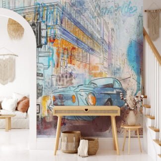 Urban Style Car with Line Art Wallpaper, Contemporary and Stylish Peel and Stick Wall Mural, Self Adhesive Removable Wallpaper for Car Enthusiasts