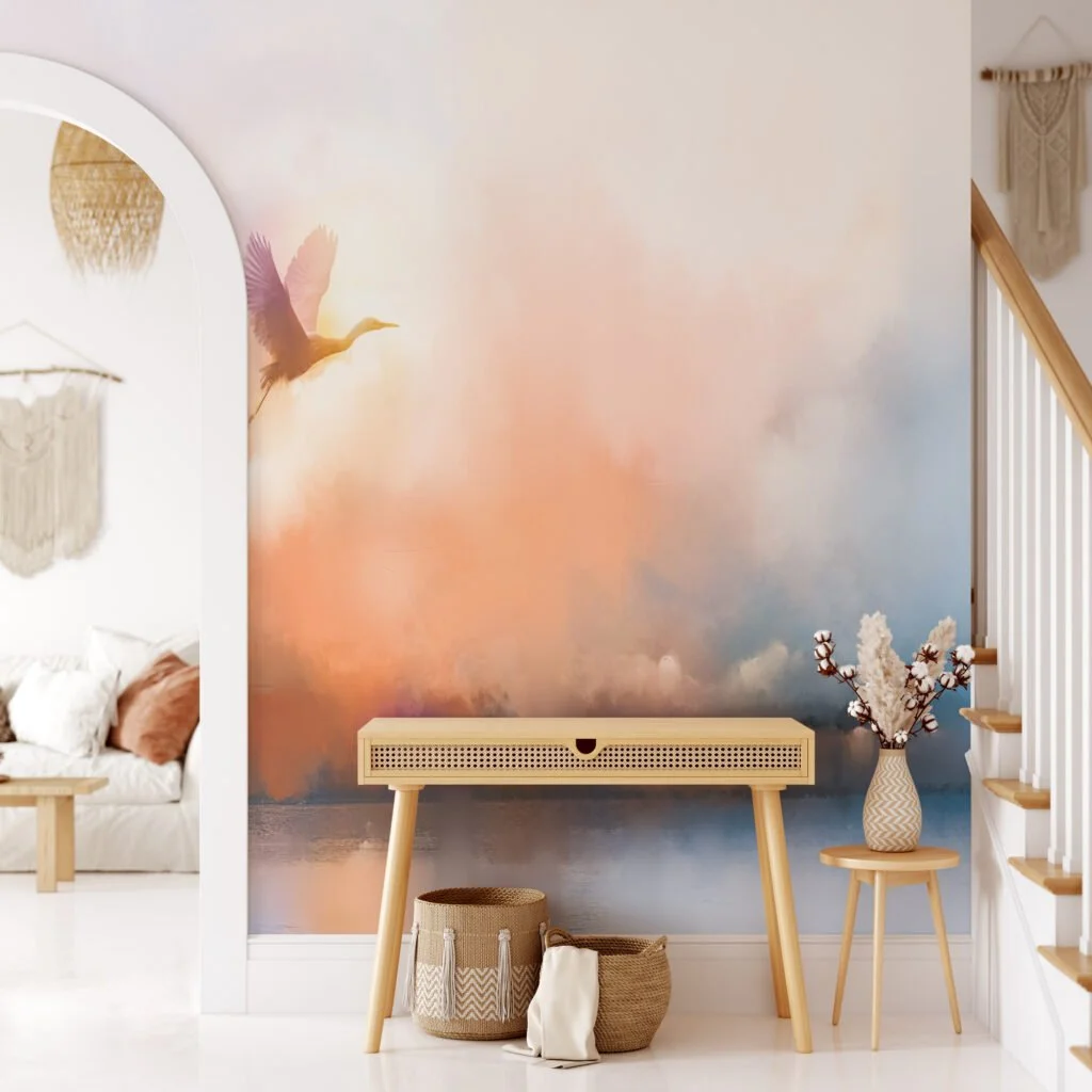 Soft Sunset Landscape Painting with Flying Bird Wallpaper, Serene and Tranquil Peel and Stick Wall Mural, Self Adhesive Removable Wallpaper for Bedroom or Living Room