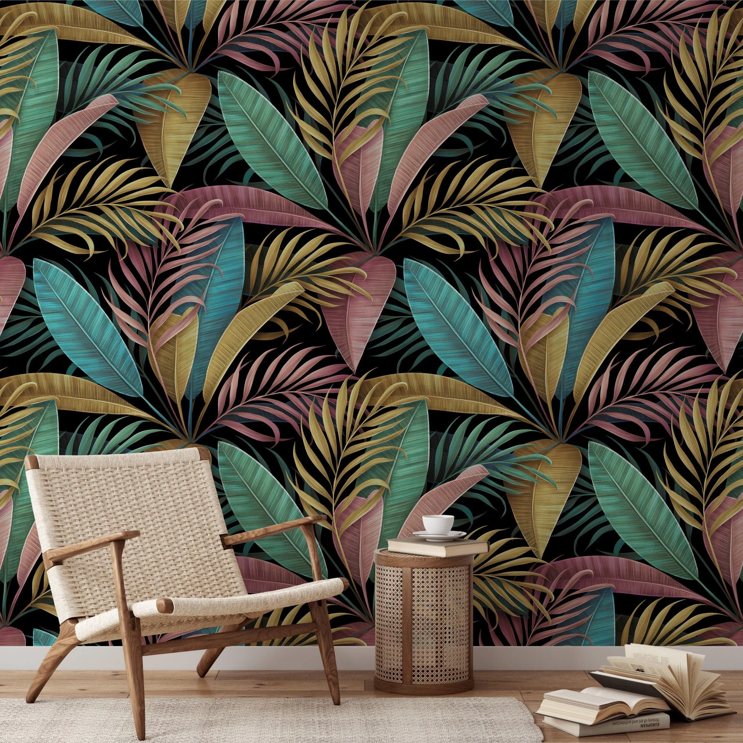 Add a Splash of Color to Your Walls with this Peel and Stick Colorful Leaf Wall Mural on a Black Background - Image 8