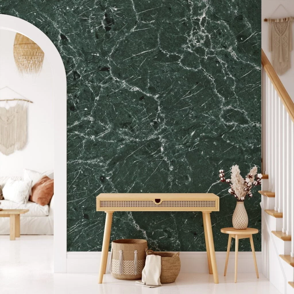 Elevate Your Space with Dark Green Stone Marble Texture Wallpaper, a Removable Wall Mural That Captures the Essence of Luxury and Sophistication