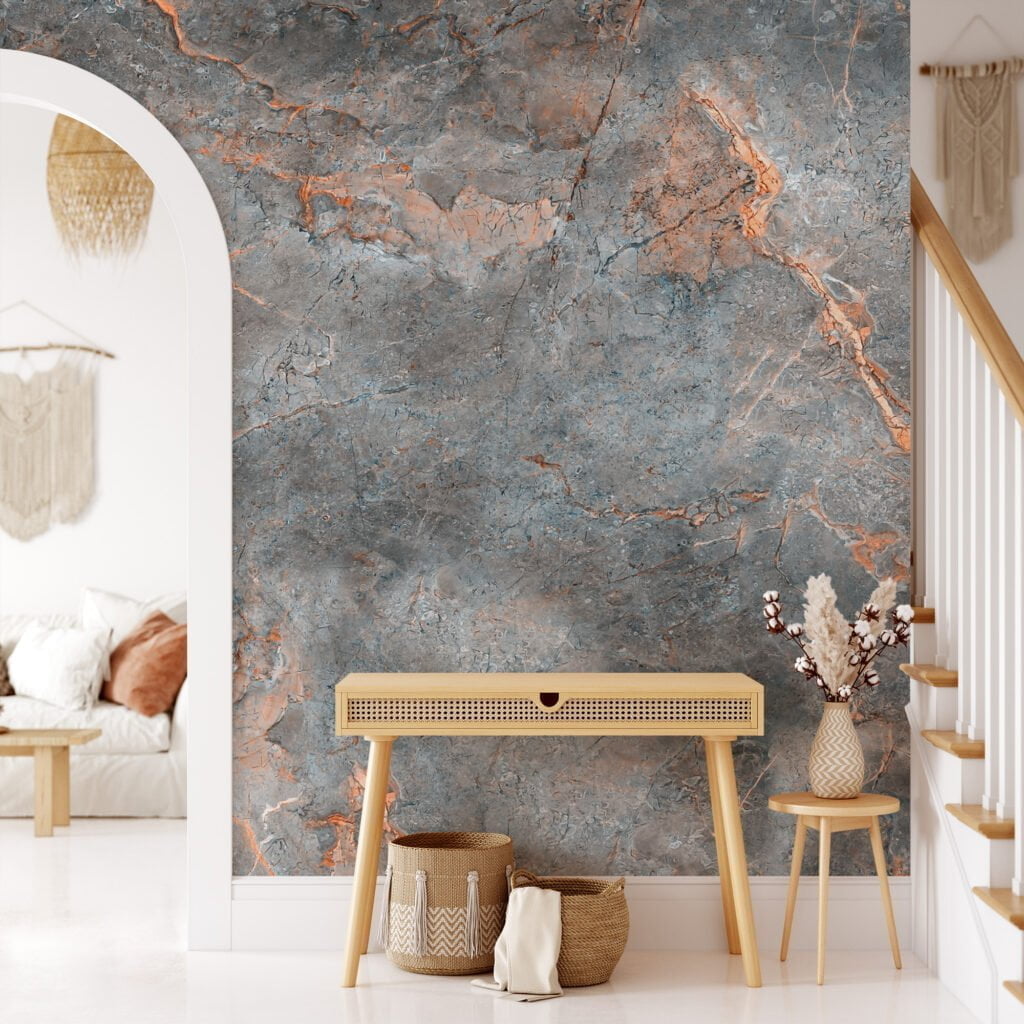 Create an Artistic Focal Point with Stone Marble Texture with Orange Cracks Wallpaper, a Peel & Stick Self Adhesive Wall Mural that Adds Vibrancy to Your Space