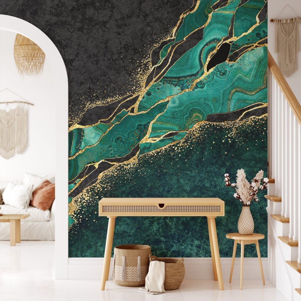 Opulent Emerald Green and Gold Marble Textured Wallpaper for a Glamorous Interior