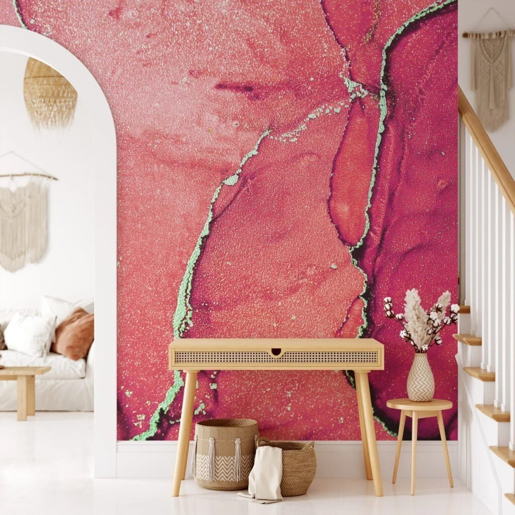 Dramatic Red Toned Marble Texture Wallpaper with Gilded Cracks, Peel & Stick Red Gold Marble Wall Mural