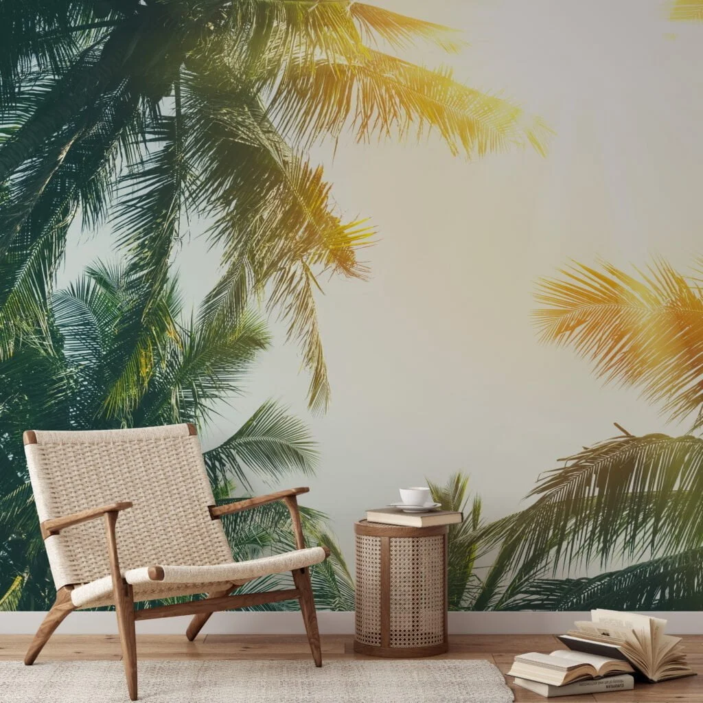 Tropical Palm Trees and Bright Sun Glare Wallpaper for a Relaxing and Exotic Atmosphere