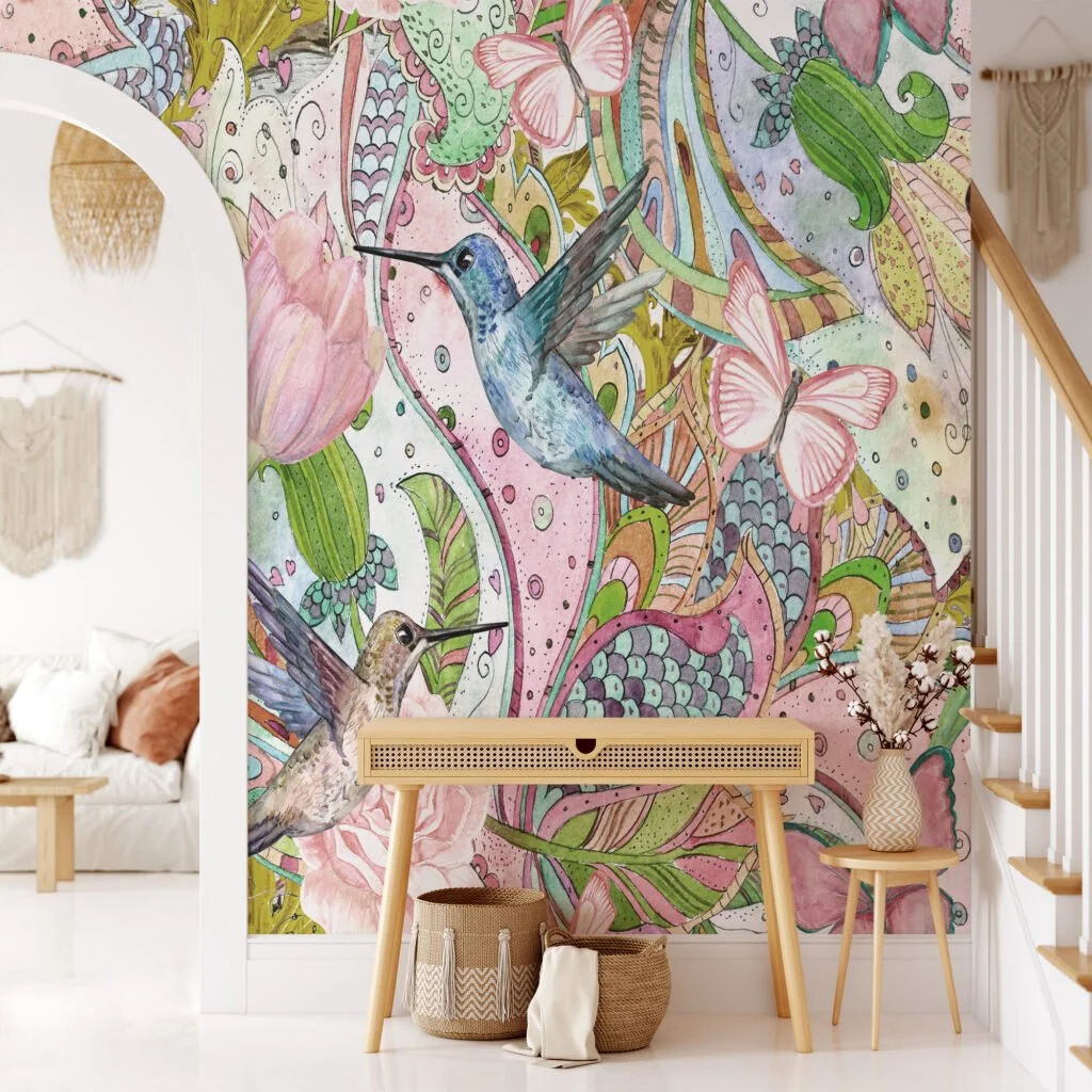 Flowers and Mockingbirds Painting Wallpaper, Whimsical and Artistic Peel and Stick Wall Mural, Self Adhesive Removable Wallpaper for a Playful Home Decor