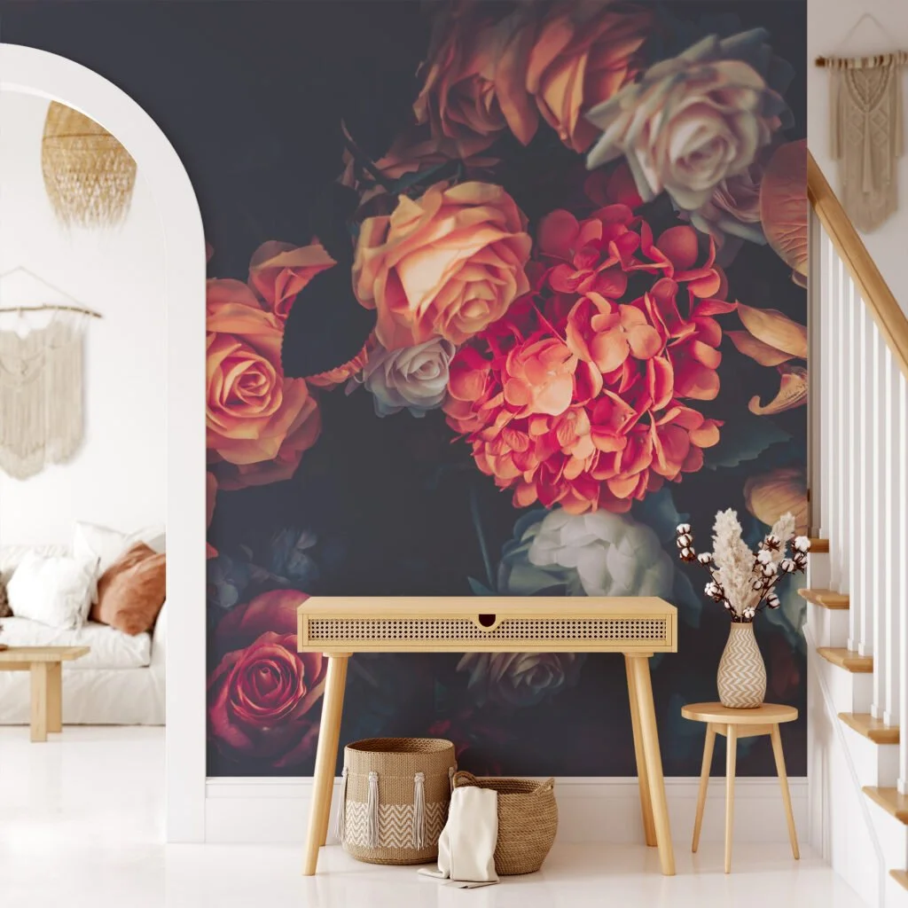 Flower Bouquet with Dark Background Wallpaper, Bold and Striking Peel and Stick Wall Mural, Self Adhesive Removable Wallpaper for a Sophisticated Statement Wall