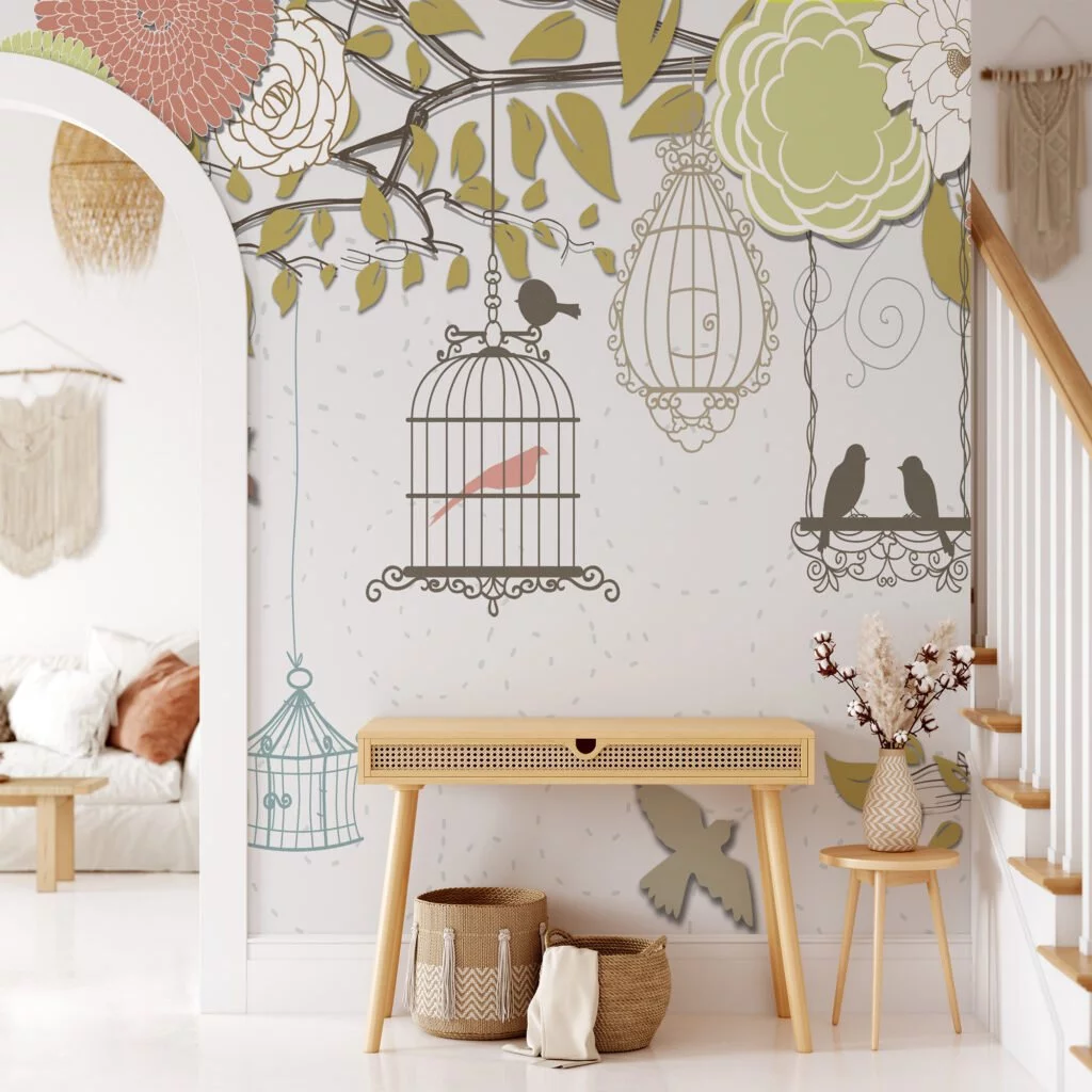 Illustrated Flowers and Birdcages Wallpaper, Playful and Charming Peel and Stick Wall Mural, Self Adhesive Removable Wallpaper for a Whimsical Home Decor