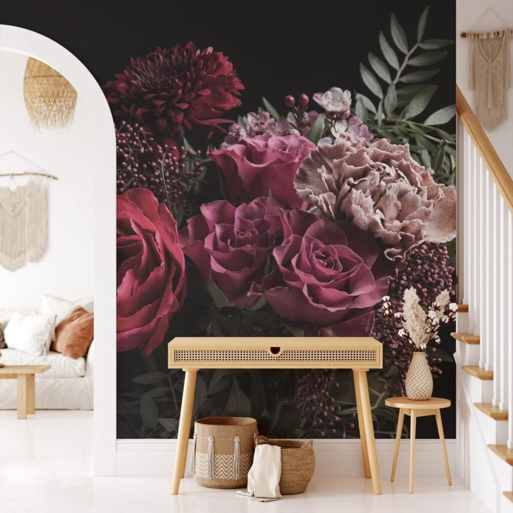 Chic and Stylish Dark Themed Rose Bouquet Wallpaper, Peel and Stick Removable Wall Mural, Self Adhesive Floral Pattern