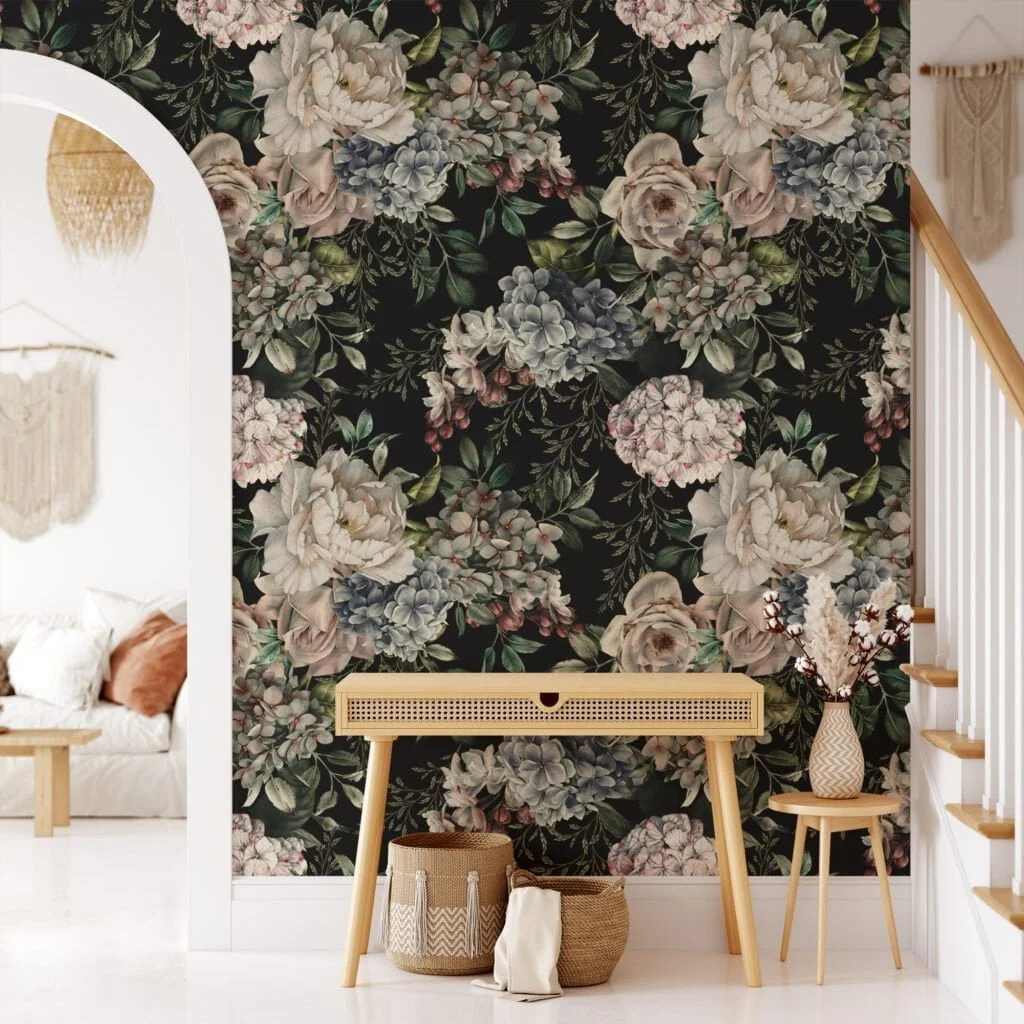 Modern Dark Themed Flowers and Leaves Wallpaper, Peel and Stick Self Adhesive Removable Wall Mural, Abstract Botanical Pattern for Living Room Decor