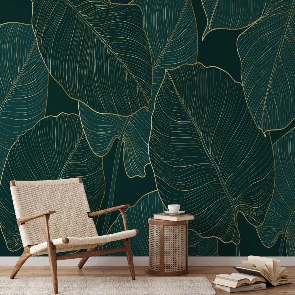 Stunning Dark Green Monstera Leaves with Golden Line Art - Self-Adhesive Peel and Stick Nature Wallpaper for a Bathroom or Kitchen Refresh