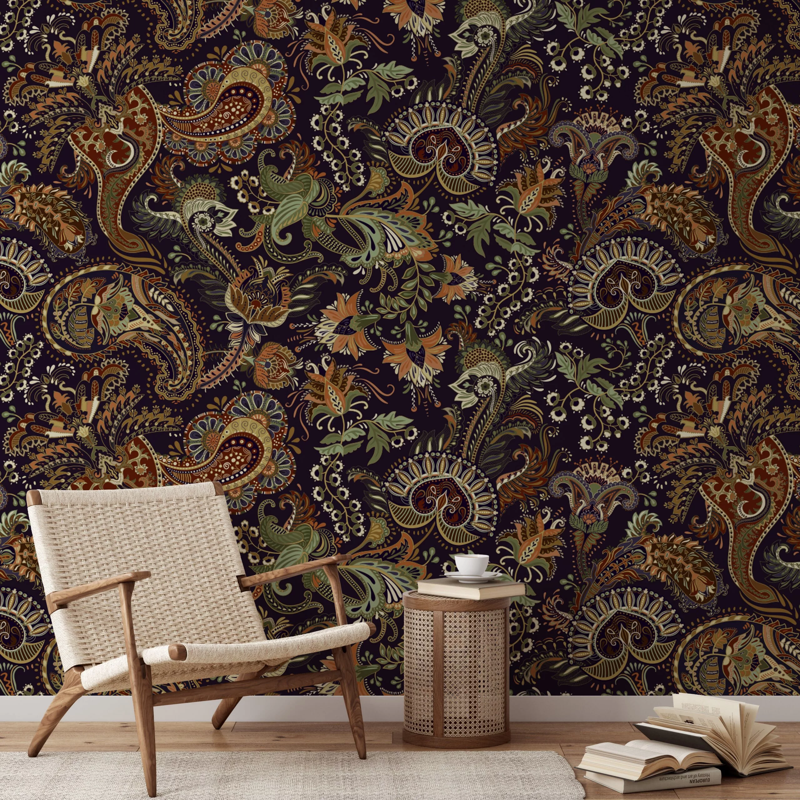 Earthy Traditional Floral Pattern with Dark Background Peel and Stick Wallpaper for a Cozy Home
