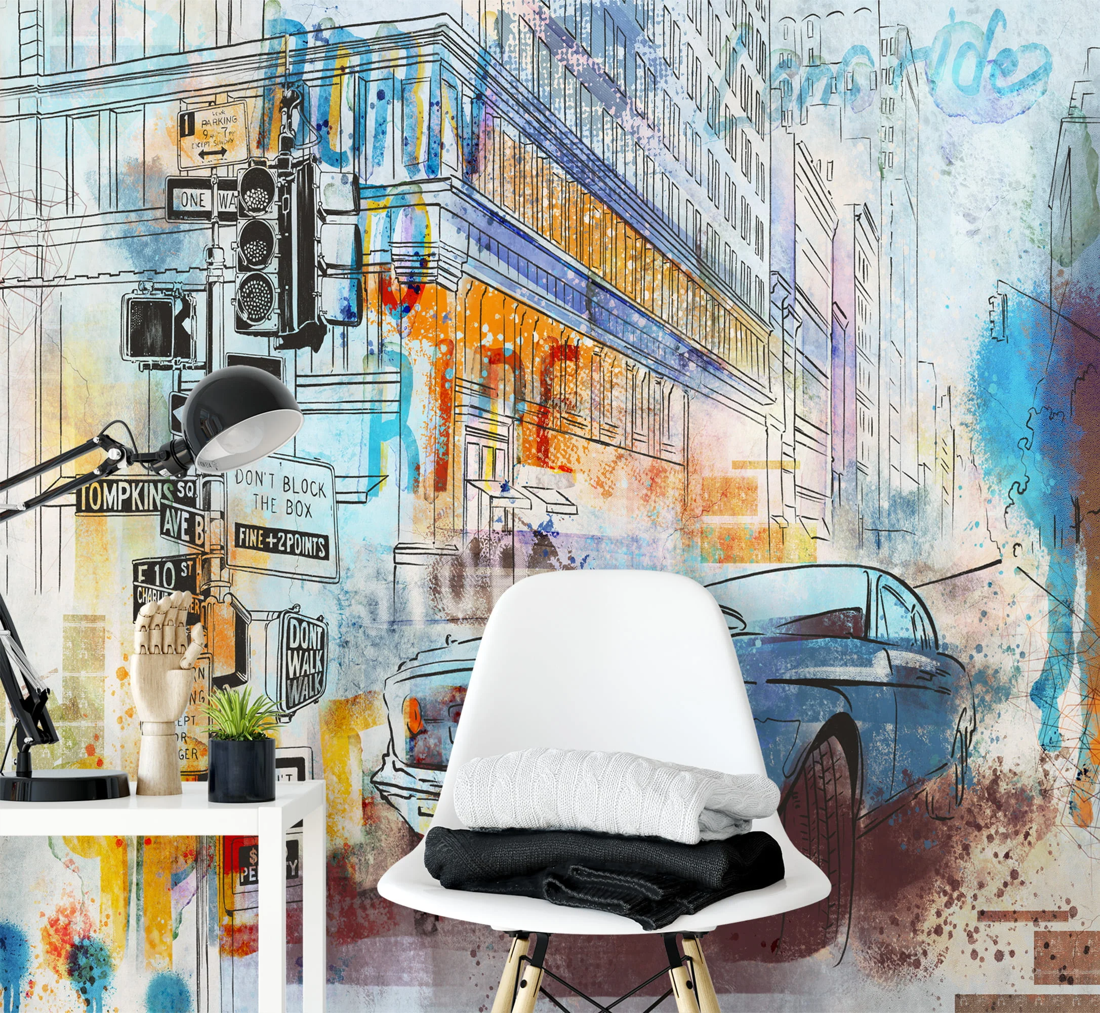 Urban Style Car with Line Art Wallpaper, Contemporary and Stylish Peel and Stick Wall Mural, Self Adhesive Removable Wallpaper for Car Enthusiasts