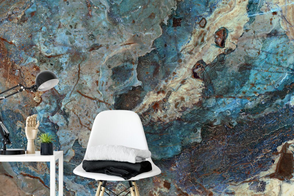 Stone Marble Texture Removable Wallpaper with Turquoise and Brown - Easy to Install Peel & Stick Mural