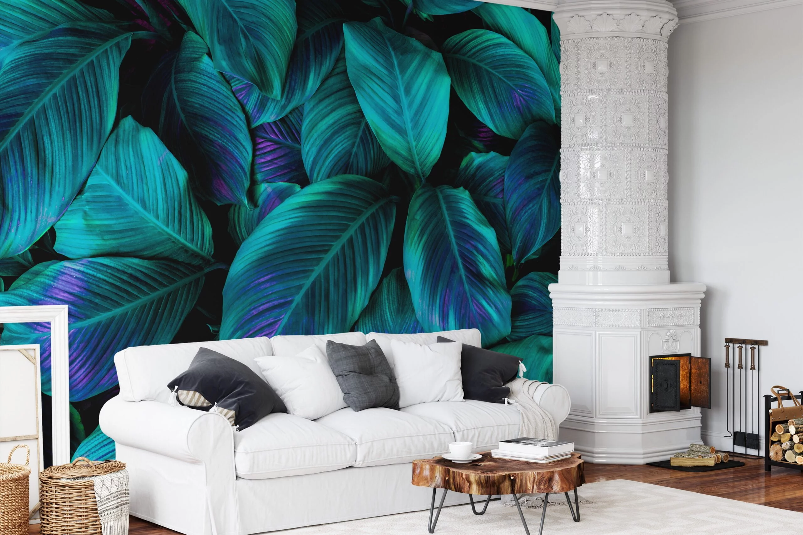 Lush Tropical Green Cannifolium Leaves with a Pop of Purple Highlights - Self-Adhesive Peel and Stick Nature Wallpaper for a Bold and Beautiful Space