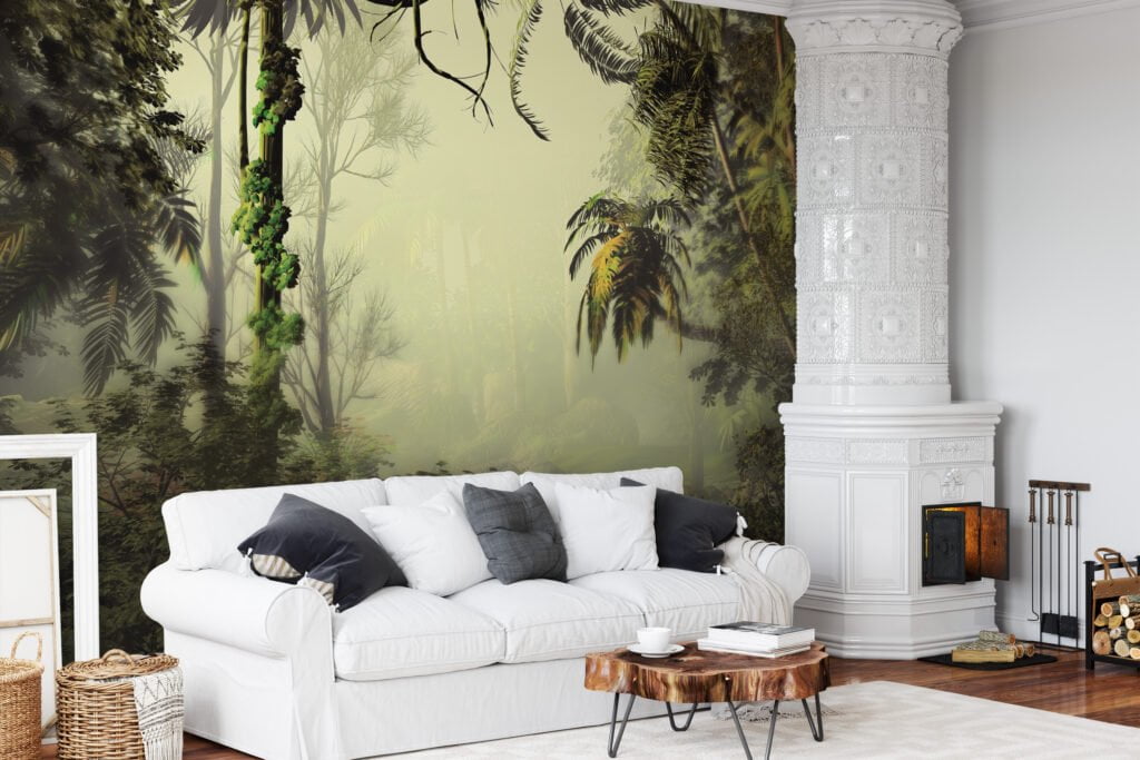 Elegant Misty Green Jungle Wallcovering with Lush Palm Trees and Forest Background for a Serene Atmosphere