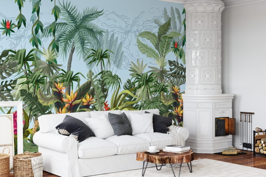 Tropical Jungle Forest Illustration with Soft Blue Background Wallpaper for a Calming and Serene Oasis