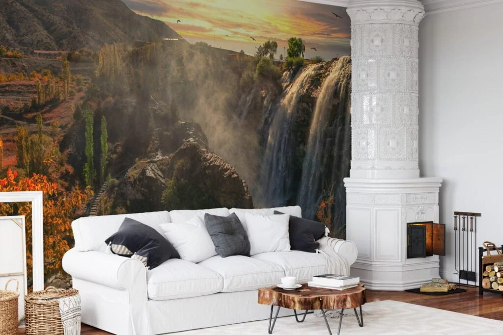 Breathtaking Waterfall Wallpaper with Majestic Mountains and a Radiant Sunset for a Serene and Scenic Home Ambiance